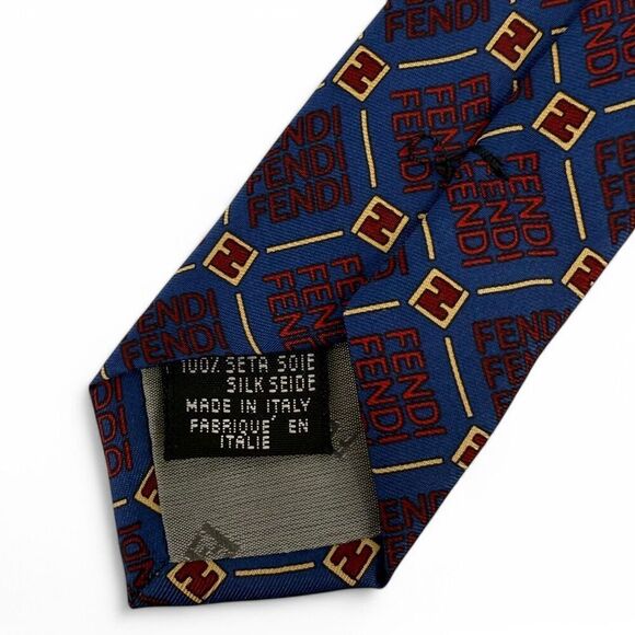 Vintage Fendi Men's 100% Italian Silk Allover Monogram Logo Neck Tie Blue/Red - Picture 8 of 9